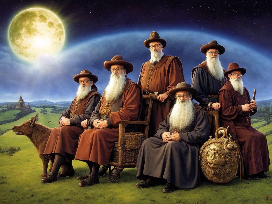 Elderly wizards in robes gather under a bright moon