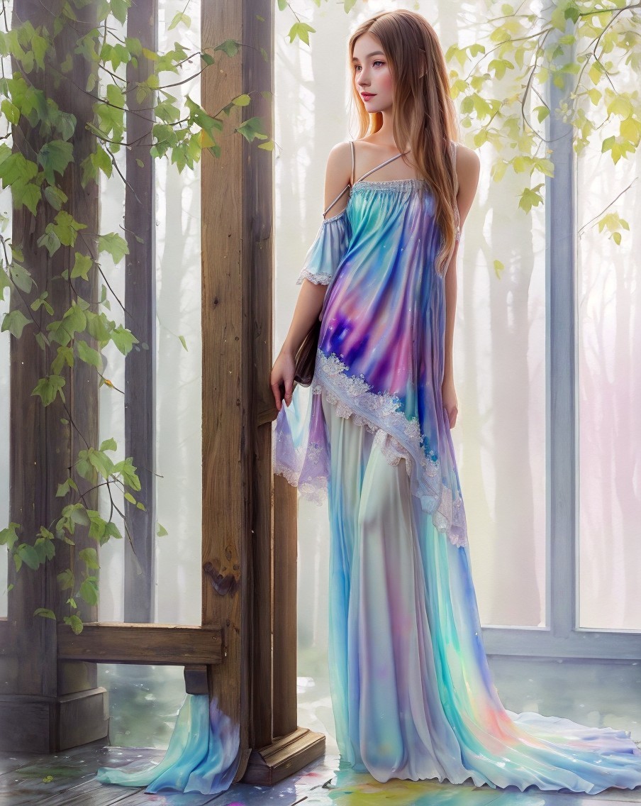 Ethereal figure in pastel gown in misty forest setting
