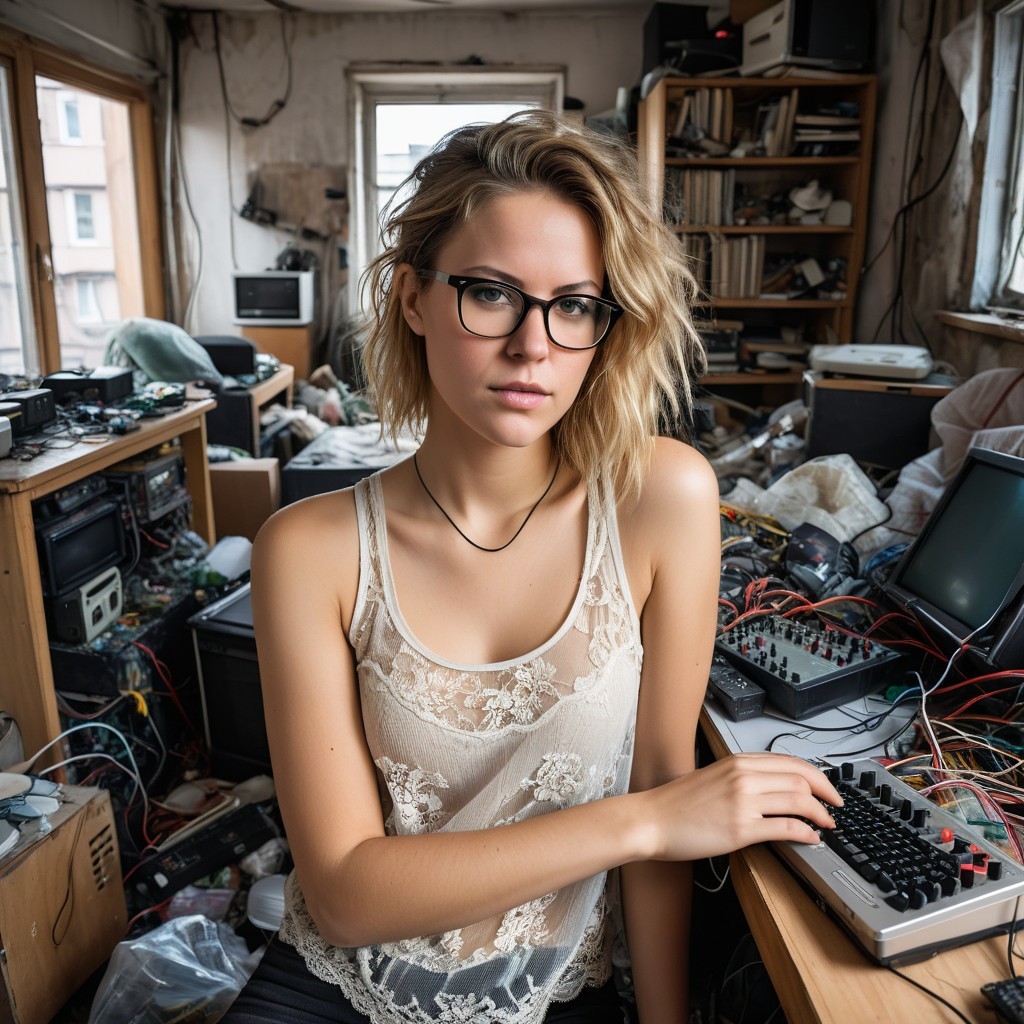 Young woman in cluttered room with vintage electronics