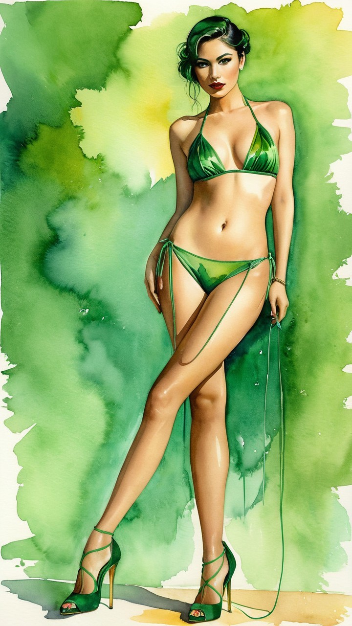 Confident Woman in Green Bikini with Vibrant Background