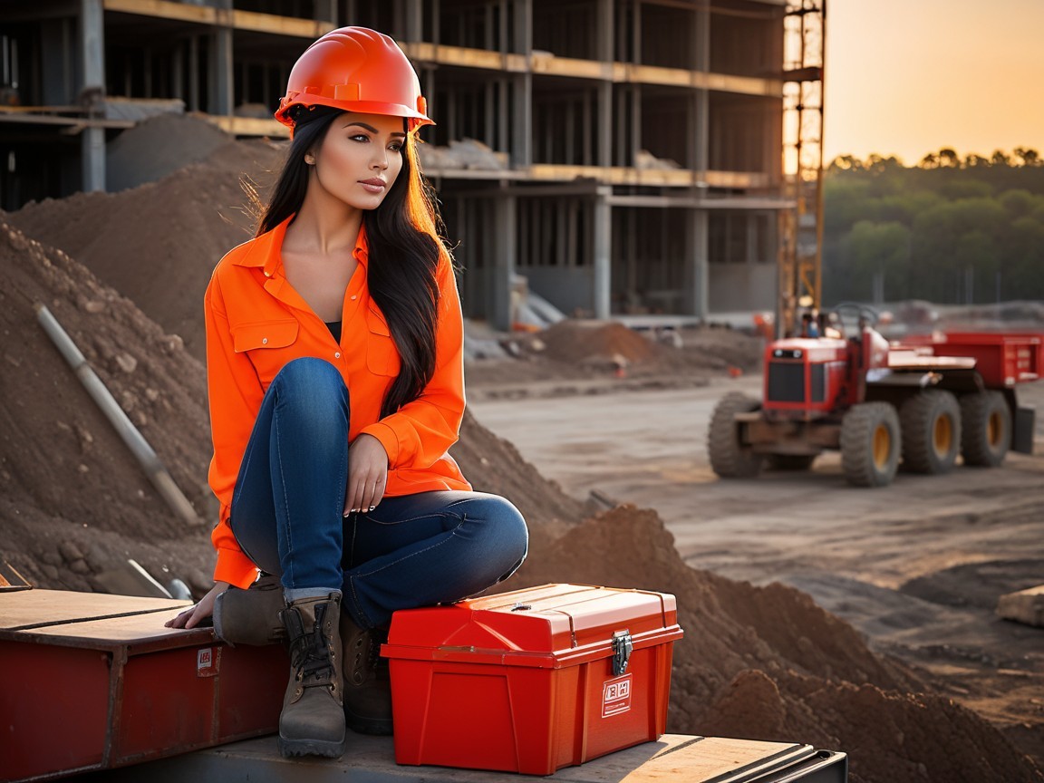Woman in Construction Attire at Sunset Site