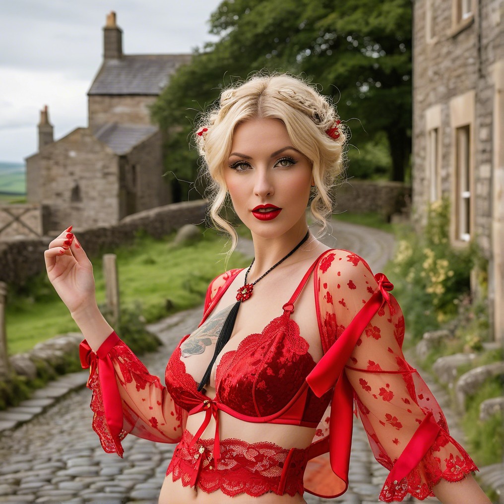 Woman in Red Lingerie on Cobblestone Pathway