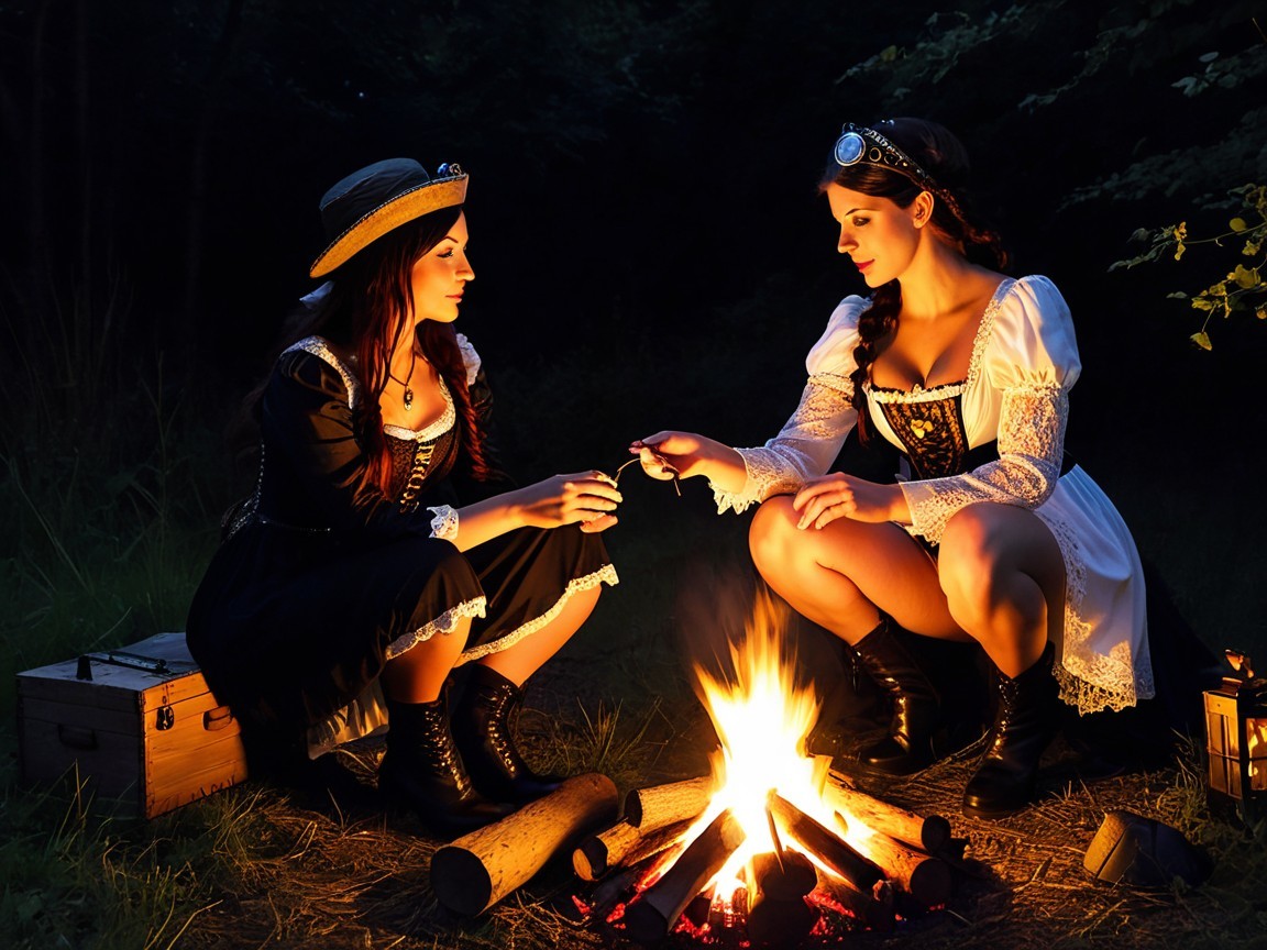Medieval-Inspired Scene of Women by Campfire