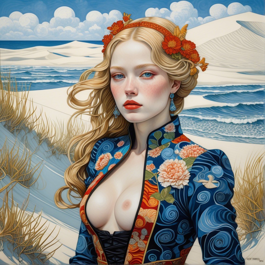 Woman with Floral Hair and Patterned Jacket by Dunes