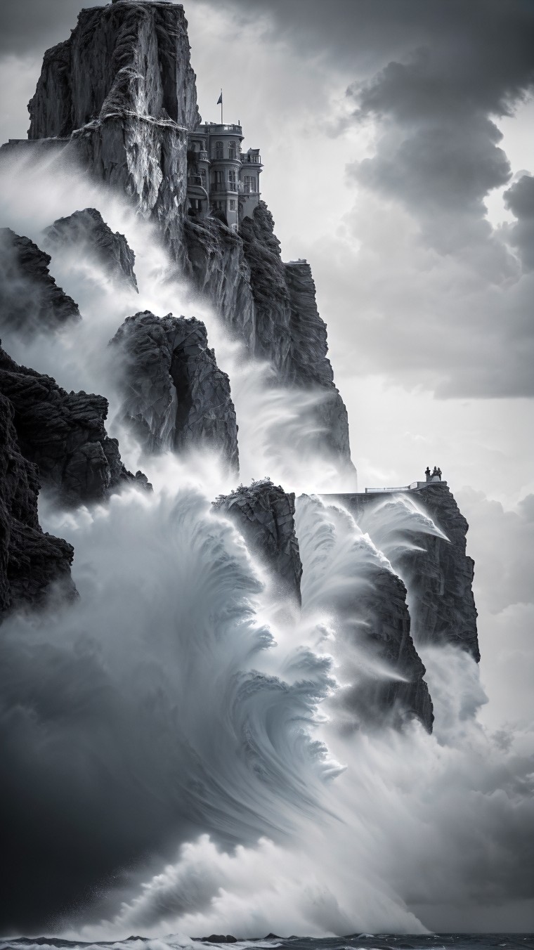 Dramatic Scene of Cliffs and Distant Building with Waves