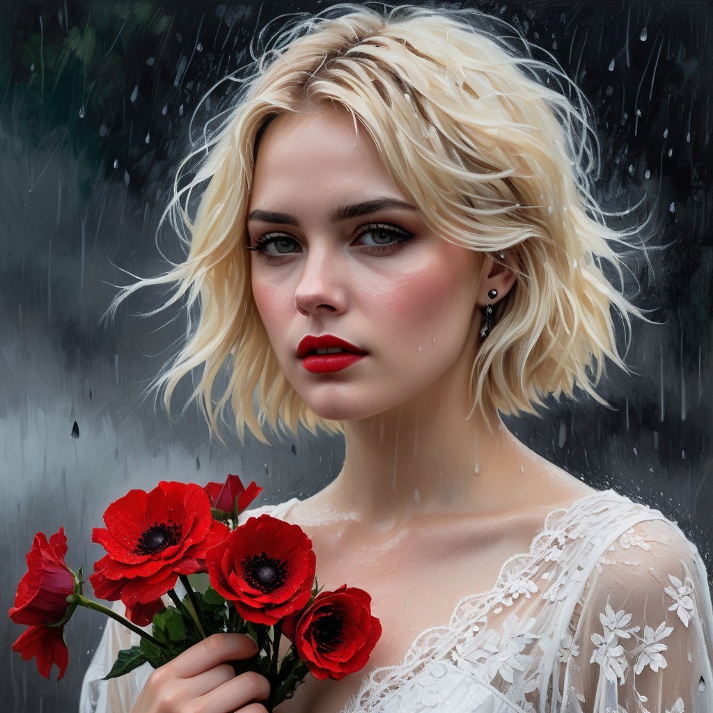 Young woman in lace dress with red anemones in rain