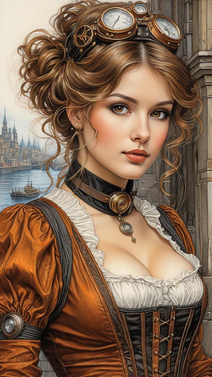 Young woman in steampunk outfit by waterfront city