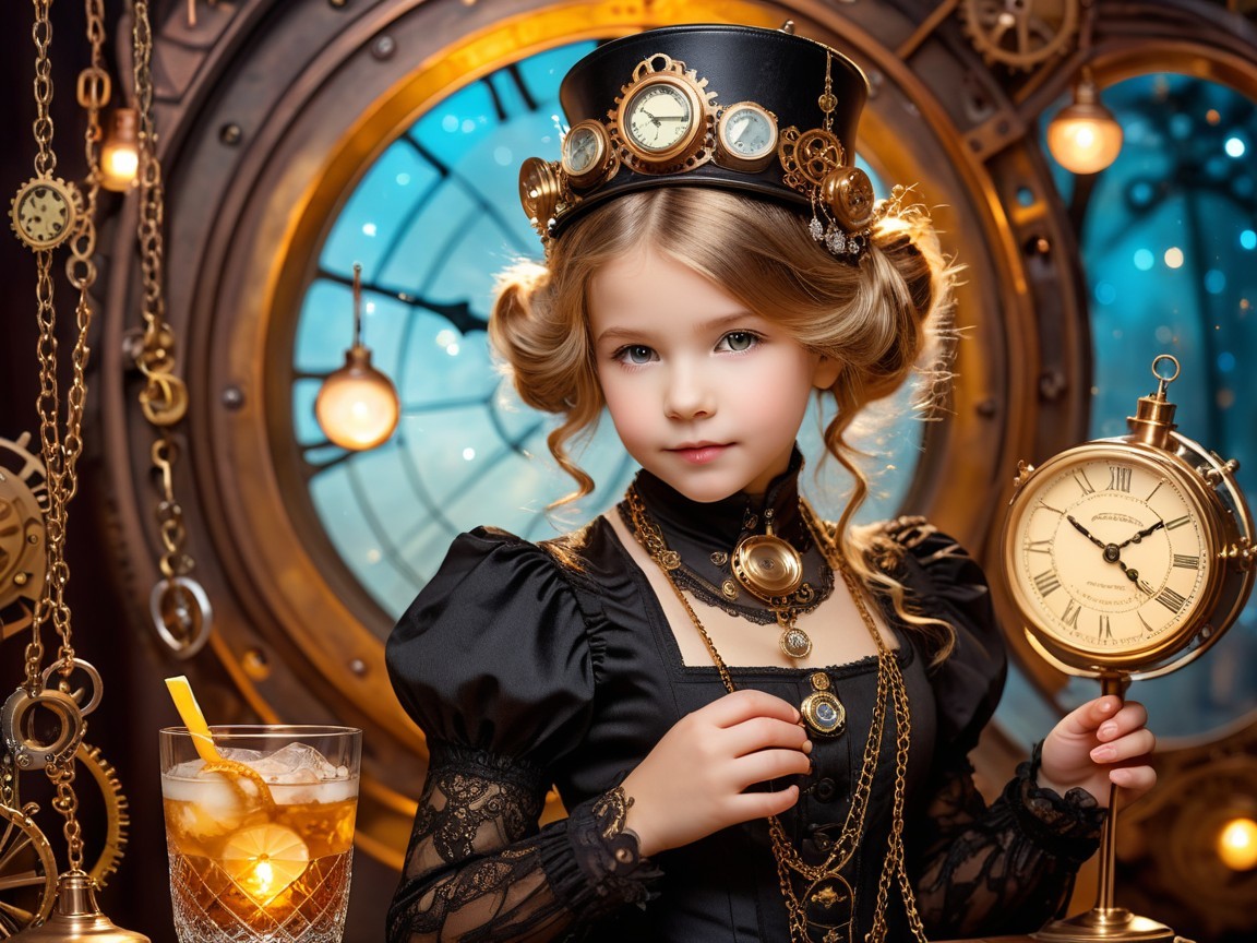 Young girl in steampunk attire with decorative elements
