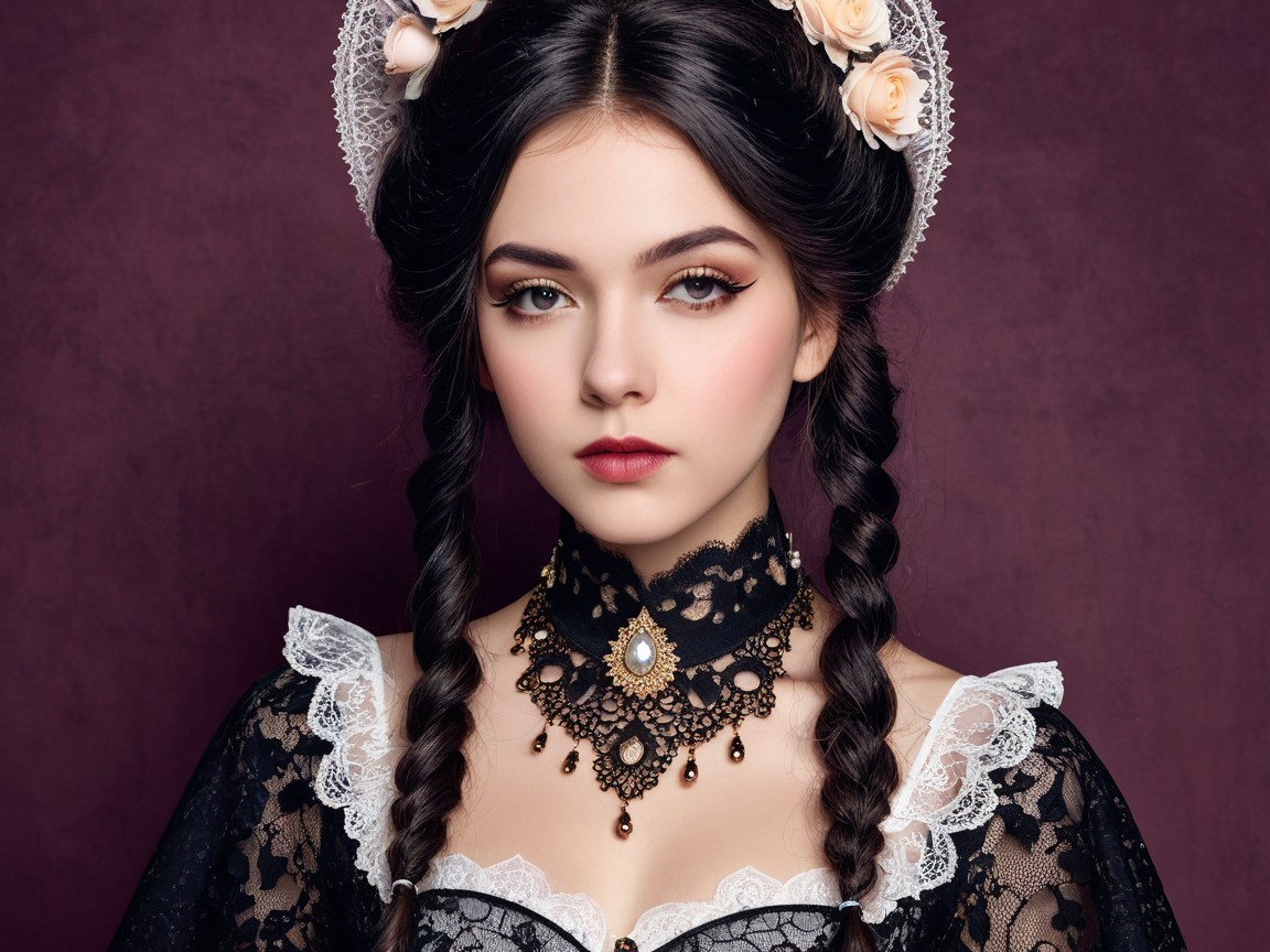 Portrait of a Young Woman in Black Lace Dress