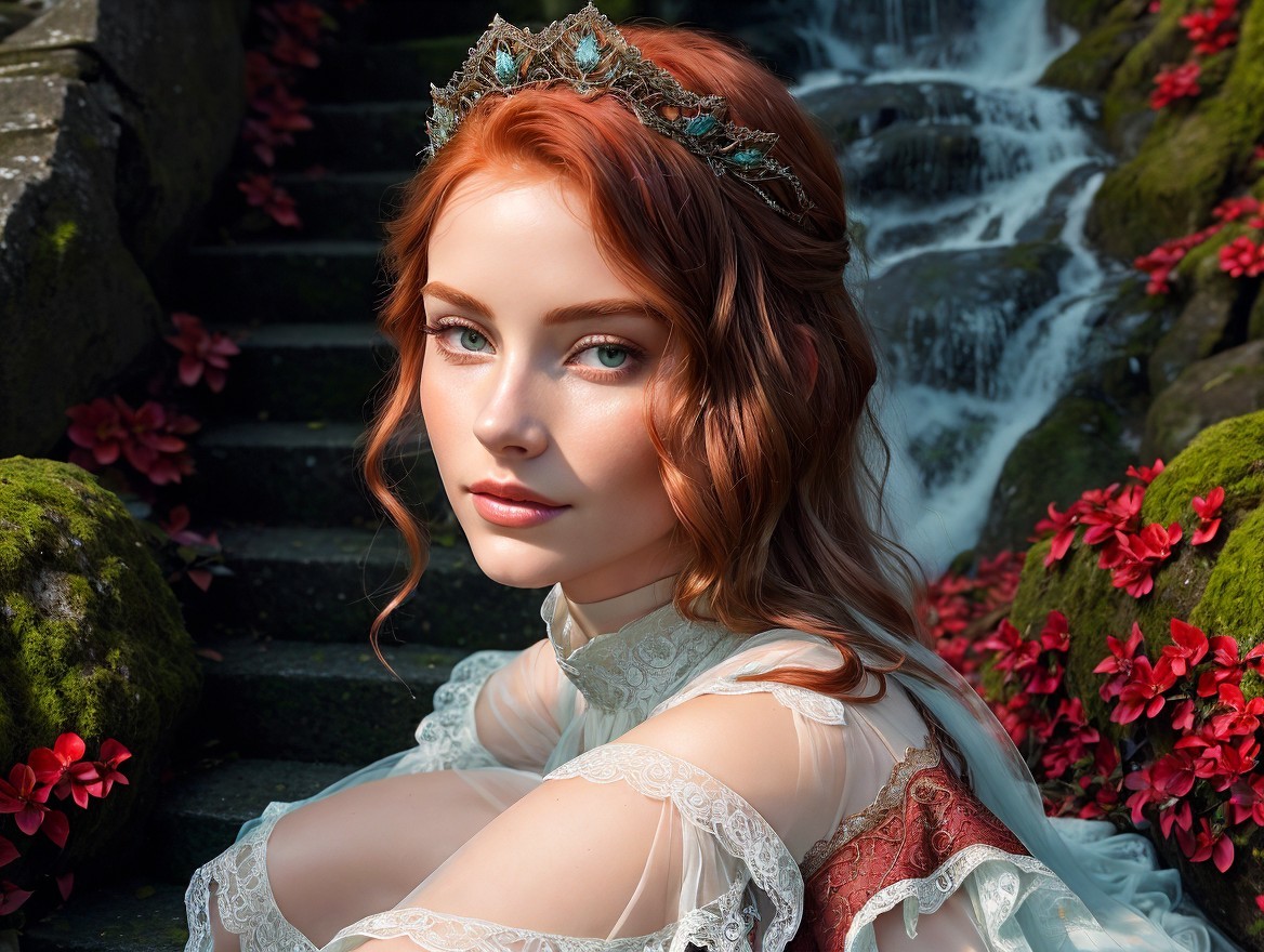 Regal woman with red hair near a waterfall and flowers