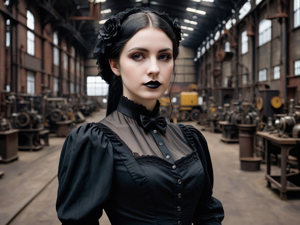 Young Woman in Vintage Gown in Industrial Setting