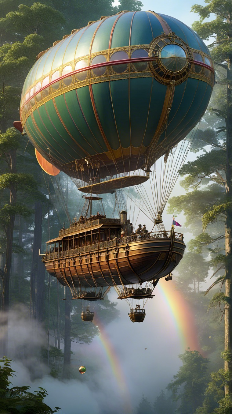 Steampunk Airship Above Lush Green Forest Landscape