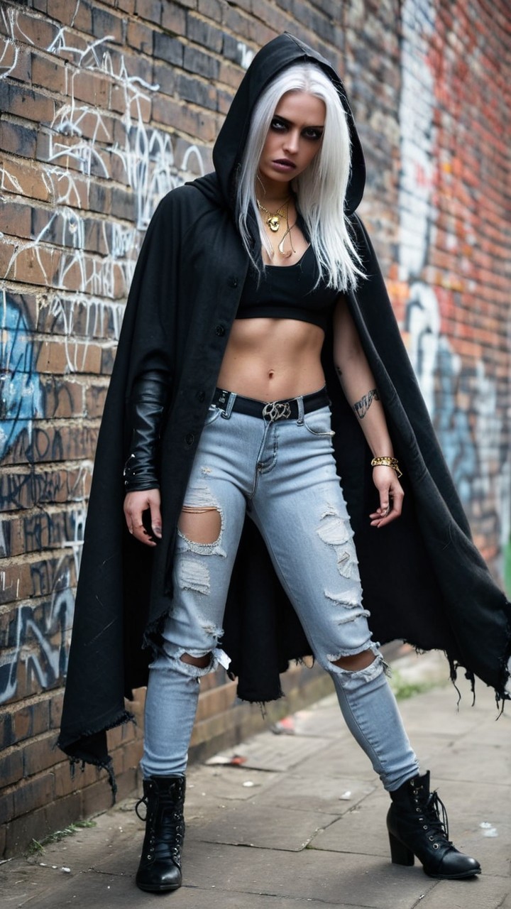Confident Figure in Black Cape Against Graffiti Wall