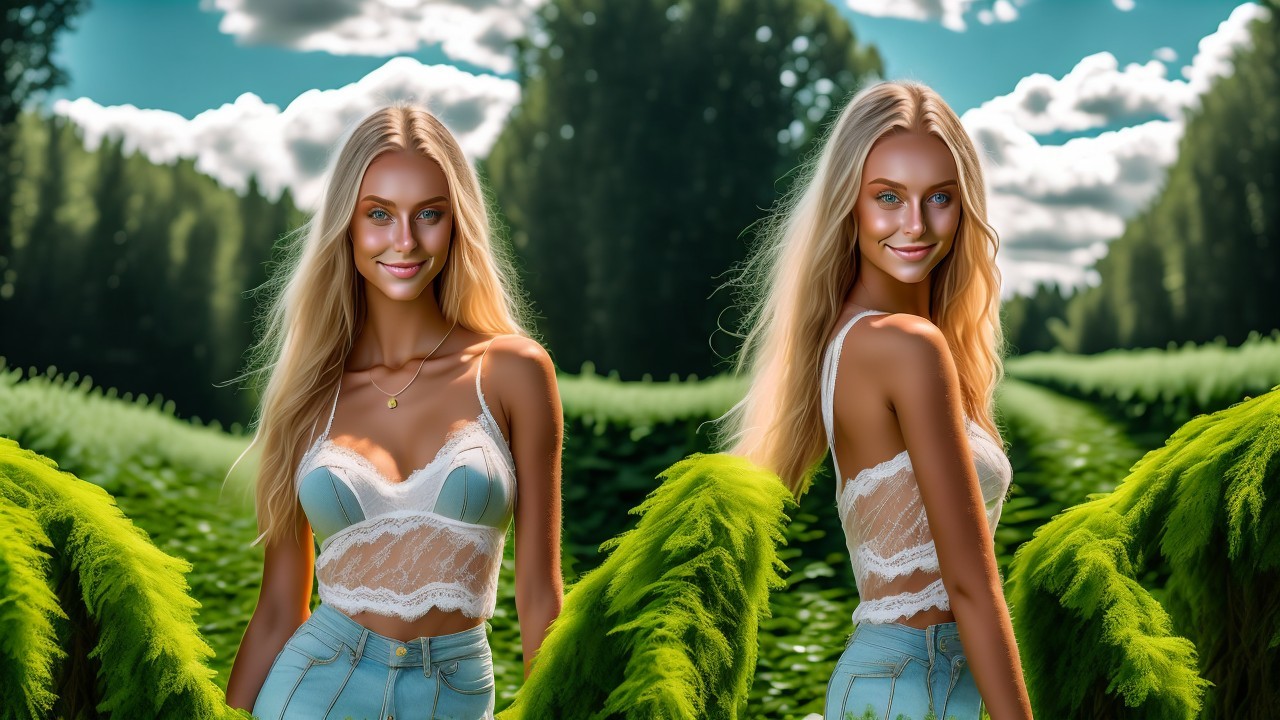 Young woman in a green field with blonde hair