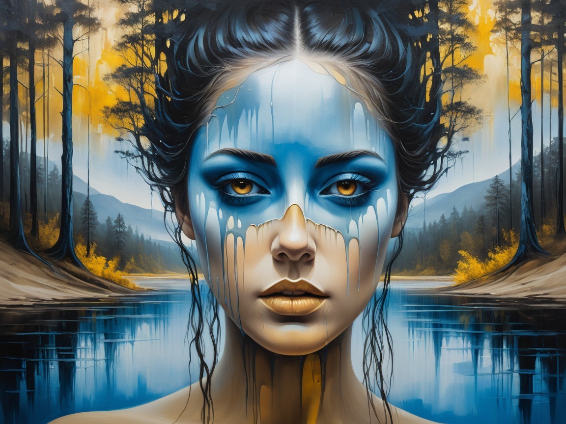 Portrait of a Woman with Blue Face and Golden Eyes