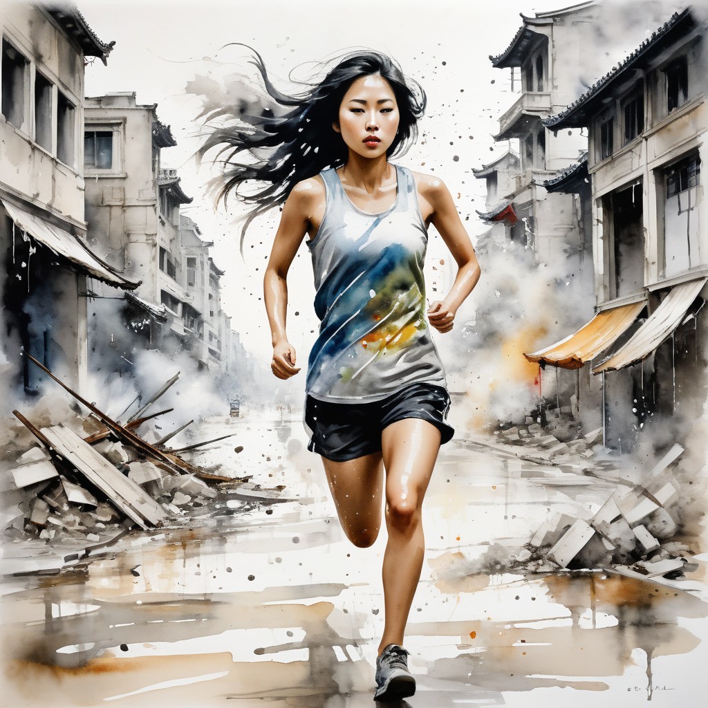 Young Woman Sprinting in Desolate Urban Landscape