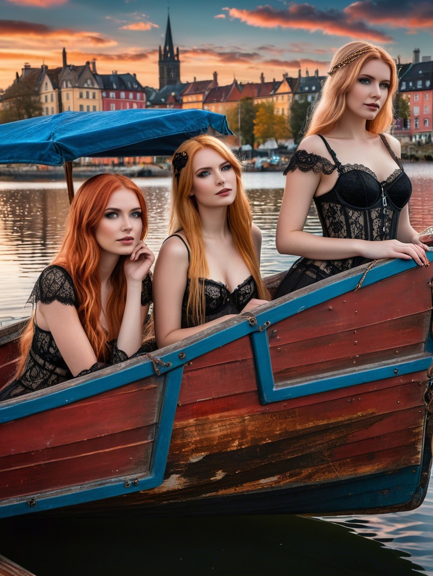 Elegant Women in Black Lace on a Charming Boat