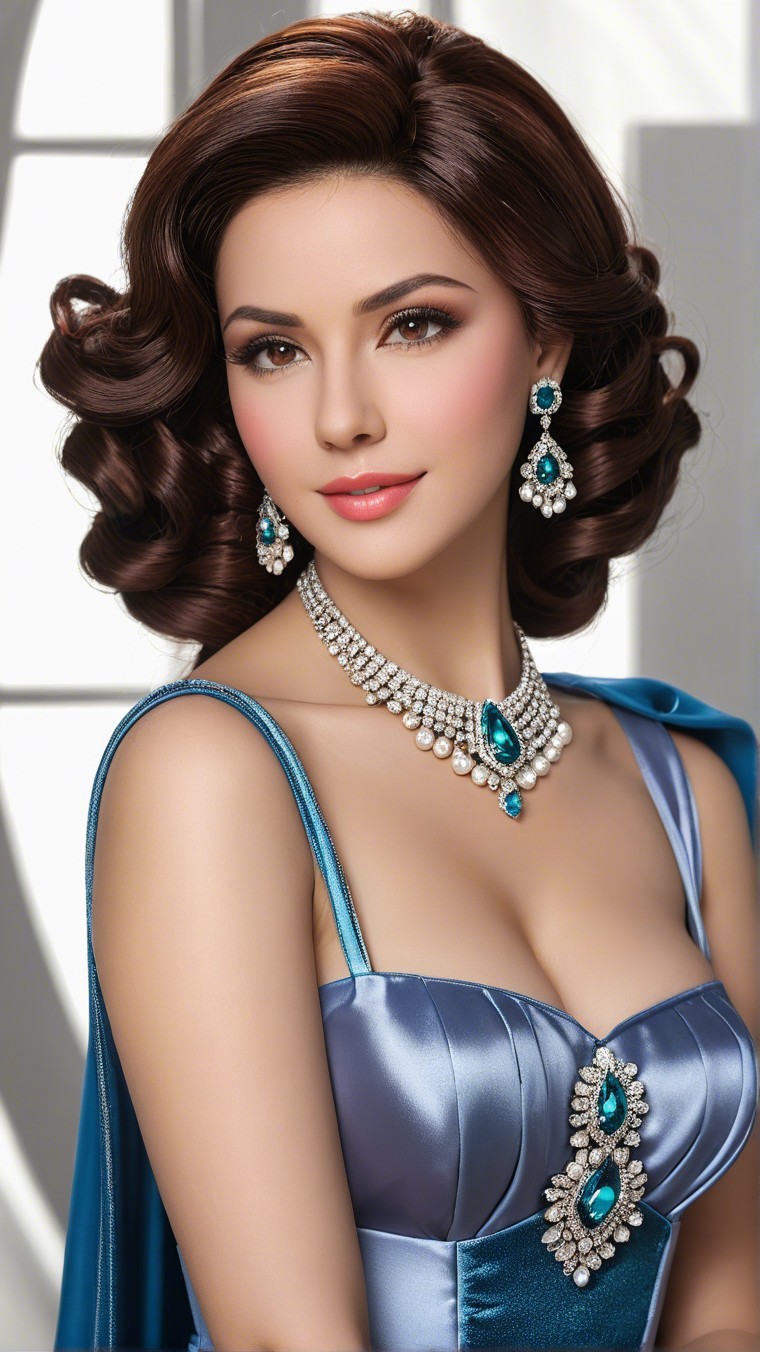 Elegant Woman in Blue Satin Gown with Jewelry