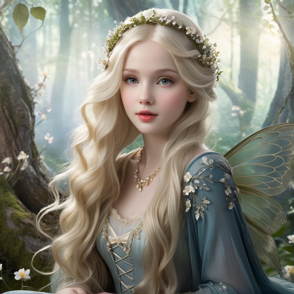 Serene fairy with floral crown in a lush forest