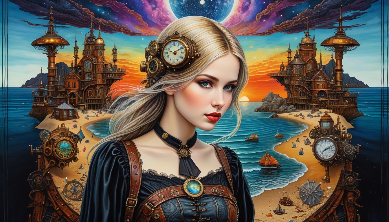 Steampunk Woman in Fantasy Landscape at Sunset
