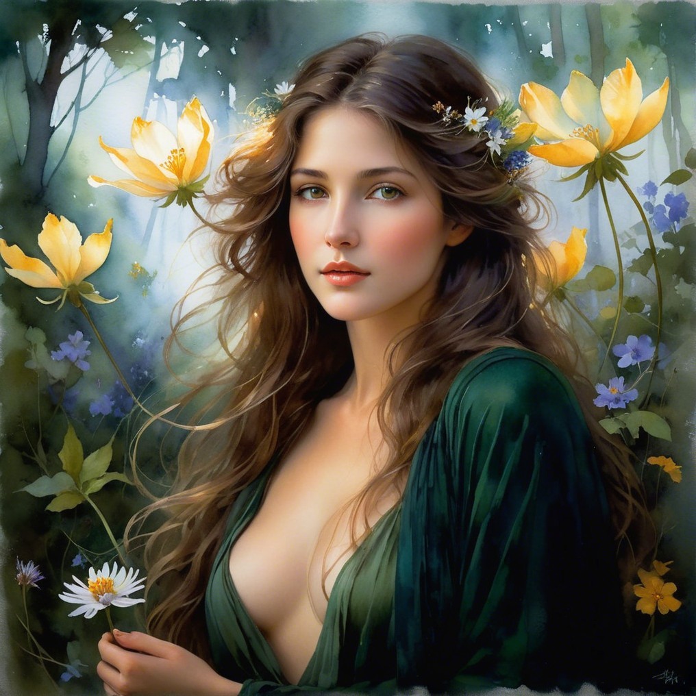 Serene Young Woman in Nature with Flowers and Garment