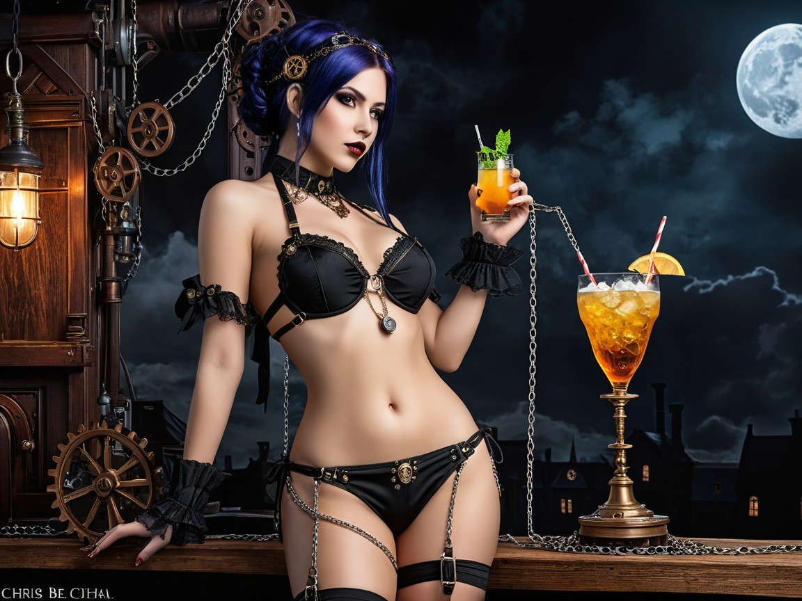 Steampunk-Inspired Woman with Cocktail and Gears