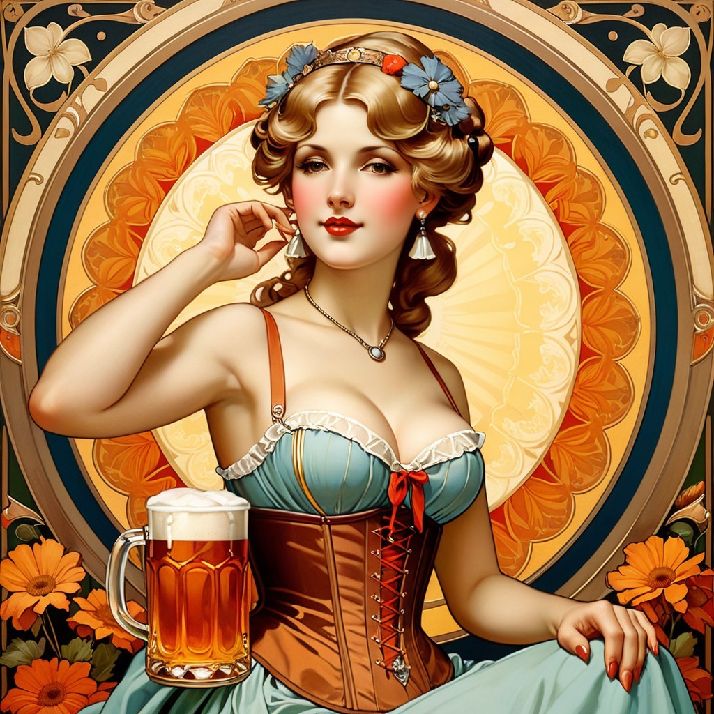 Vintage Portrait of Woman in Corset with Beer