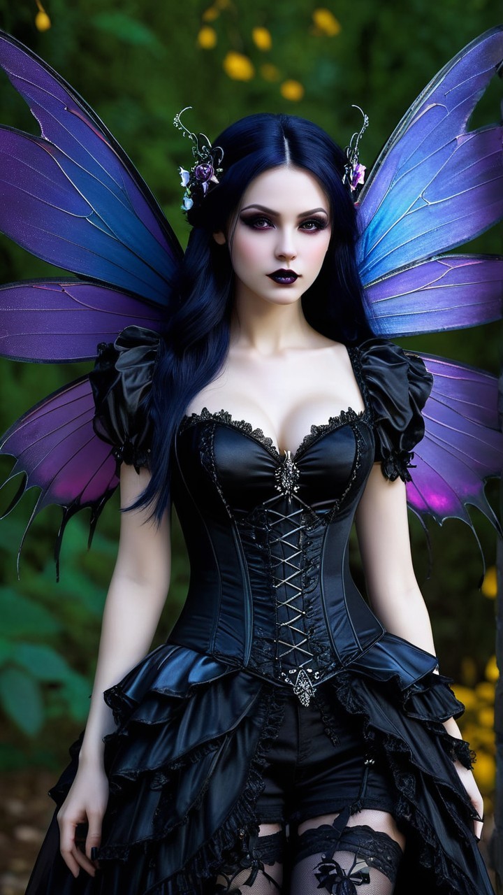 Elegant figure with purple and blue wings in nature