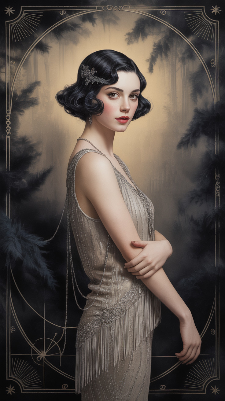 1920s-Inspired Glamorous Woman in Ethereal Forest