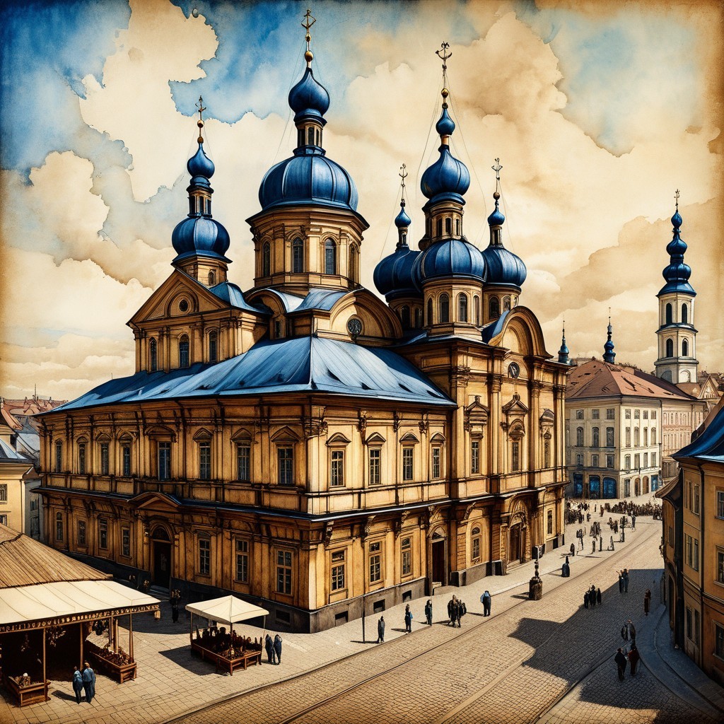 Grand architectural structure with blue domes and market stalls