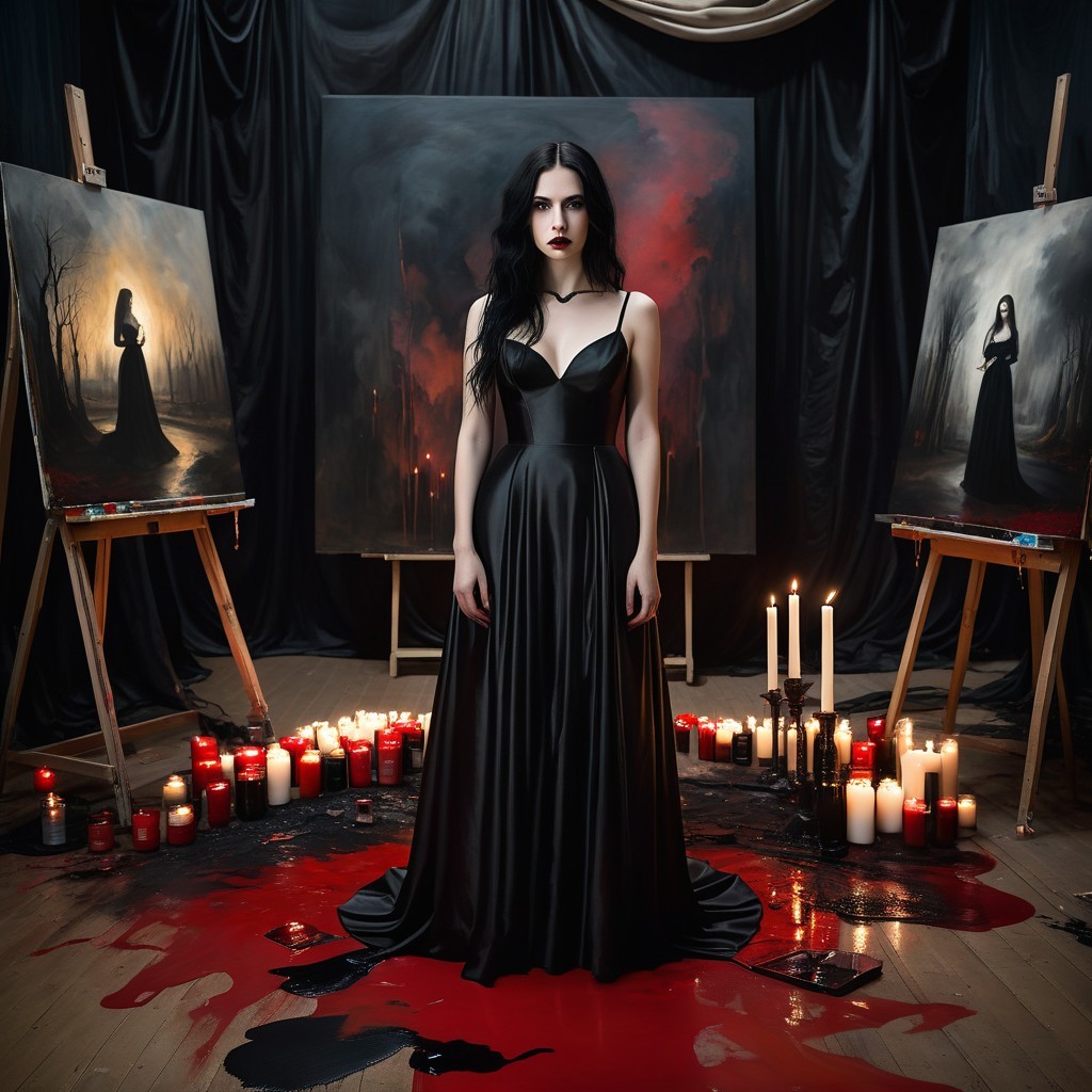 Gothic Scene with Woman in Black Gown and Candles
