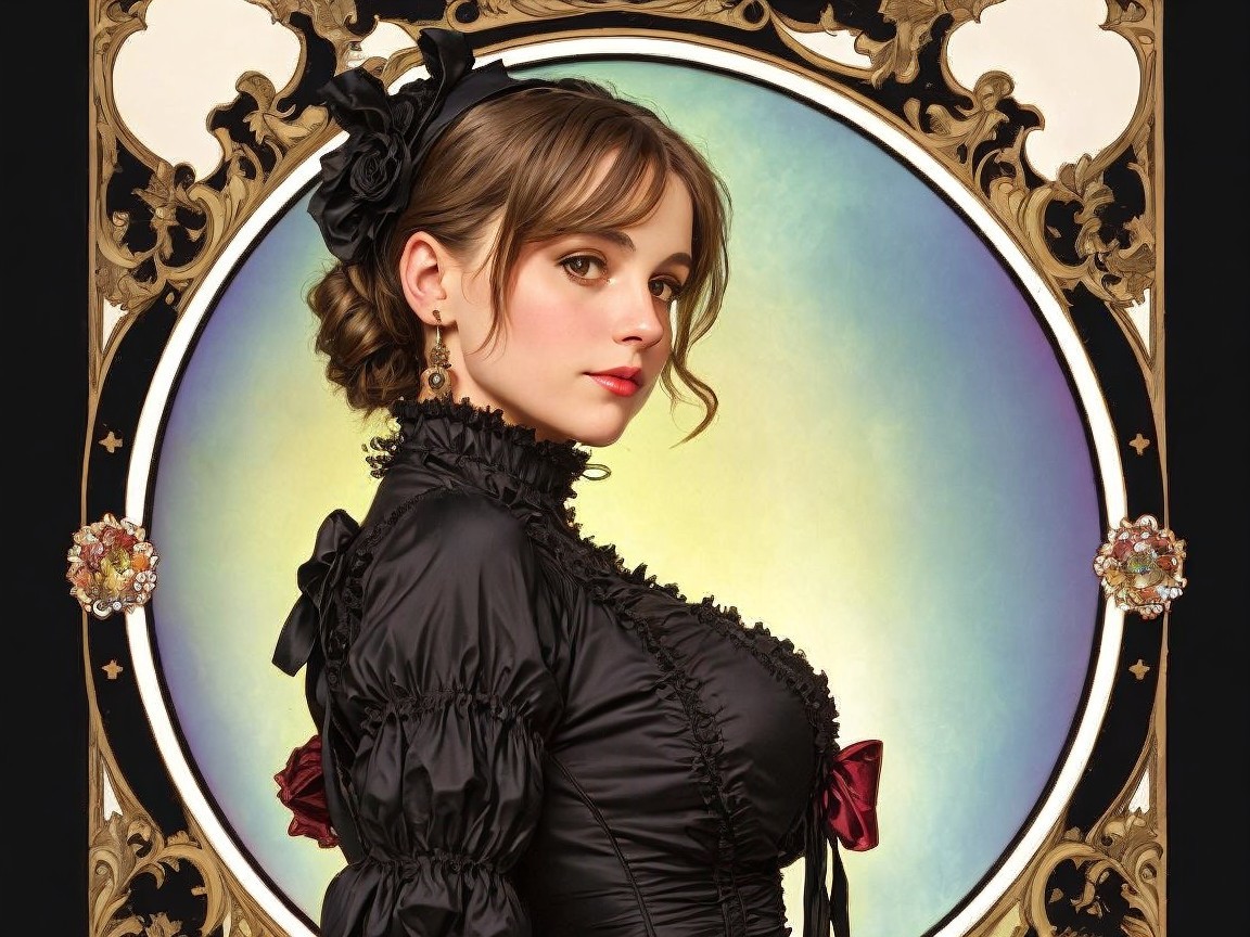 Elegant Young Woman in Dark Historical Dress