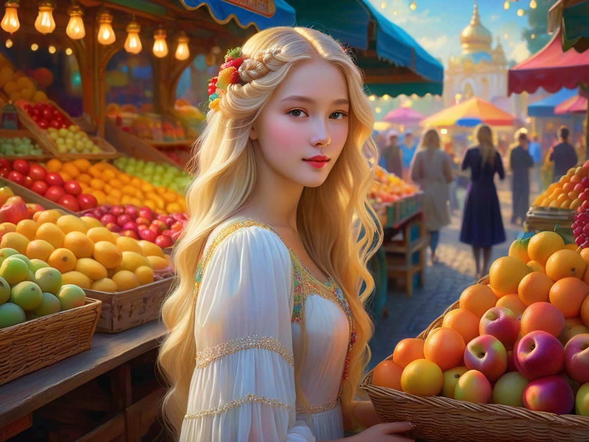 Young Woman in Floral Dress at Colorful Market