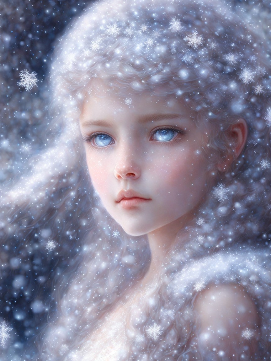 Serene girl in swirling snowfall with striking features