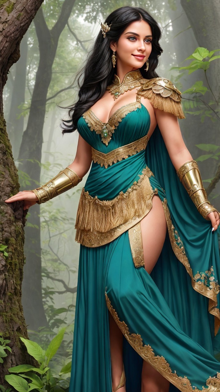 Majestic Figure in Elegant Teal Gown in Forest Setting