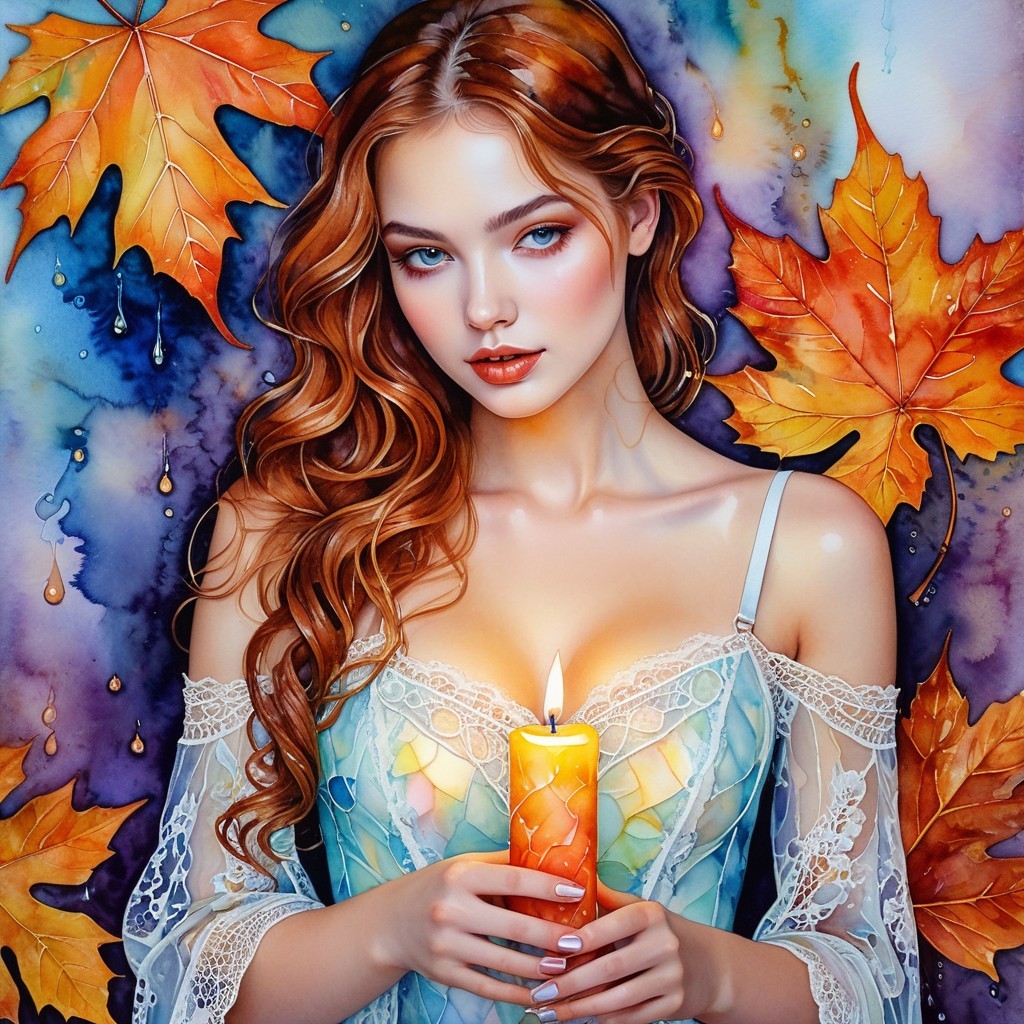 Young Woman with Candle Surrounded by Autumn Leaves