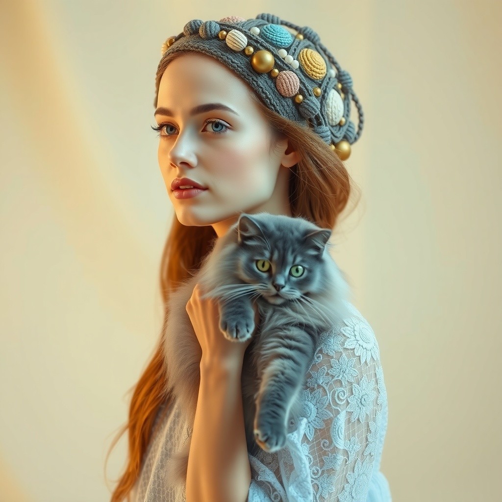 Young woman in hat holding a gray cat in soft setting