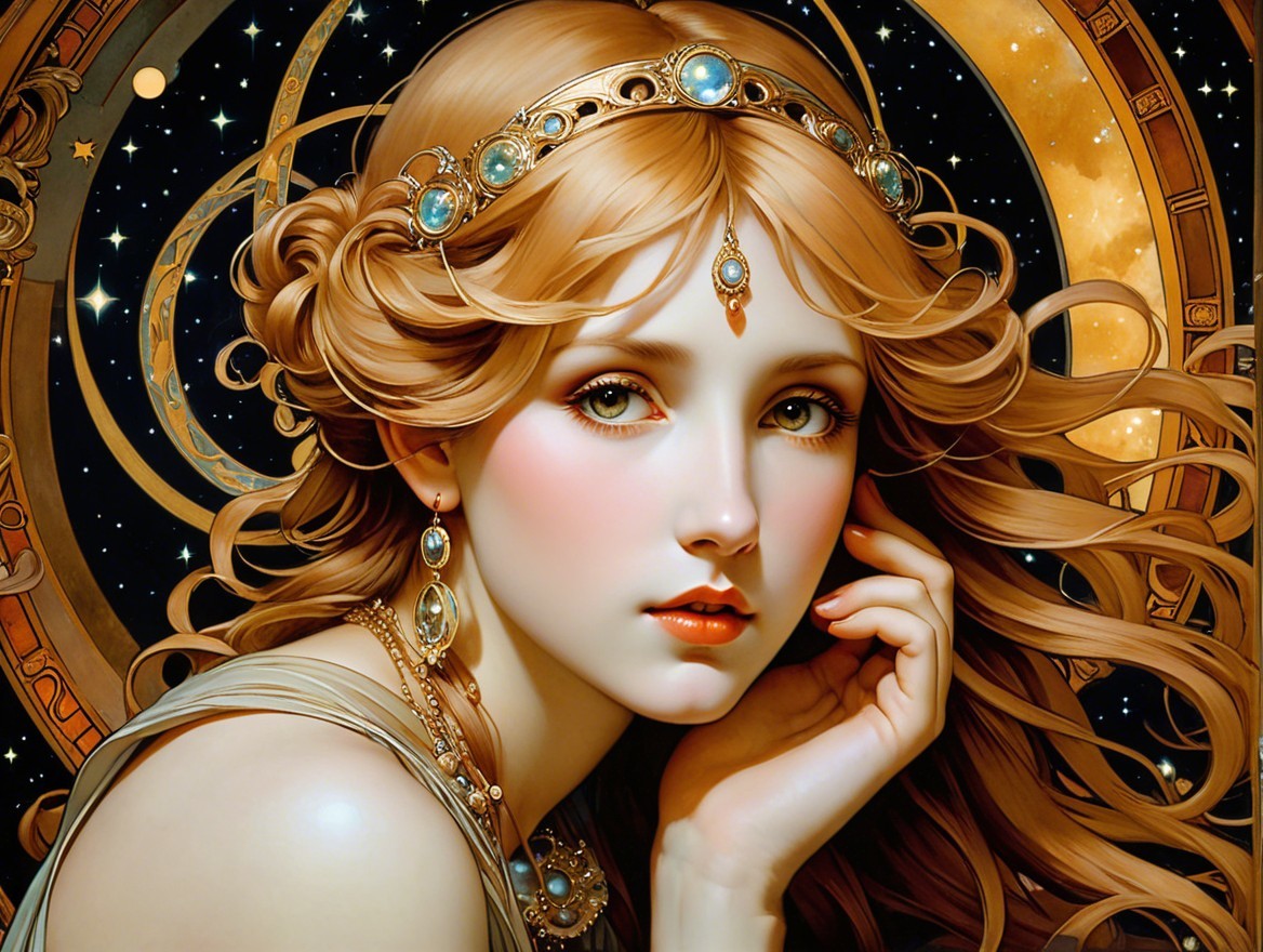 Detailed Portrait of a Young Woman with Celestial Background