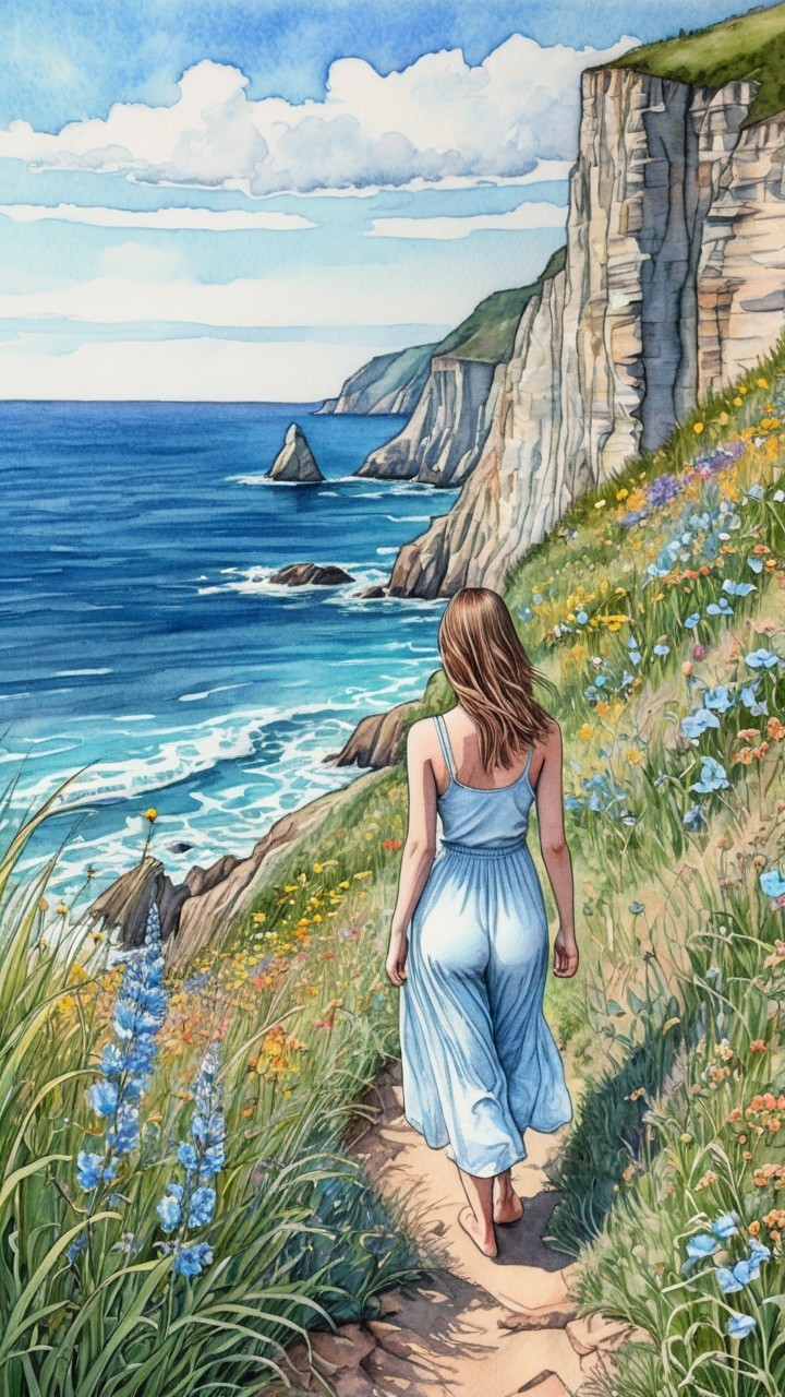 Coastal Scene with Woman in Blue Dress and Cliffs