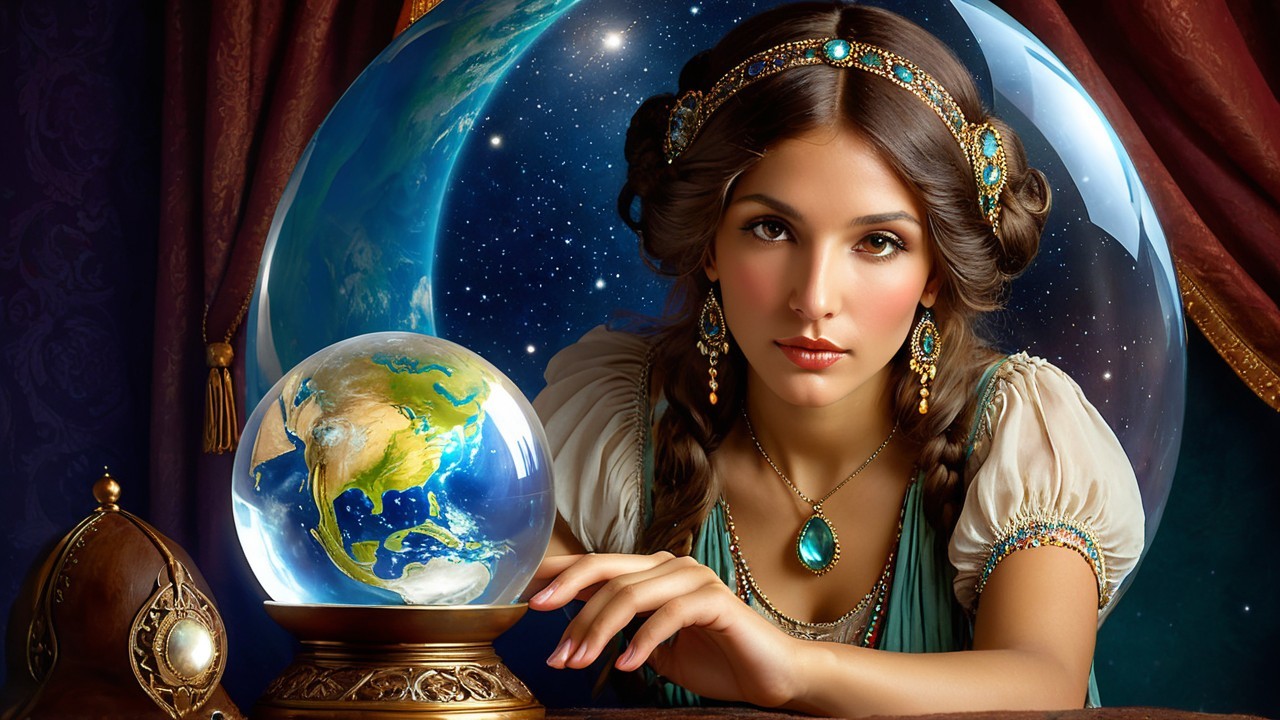 Young woman beside crystal globe in starry night scene
