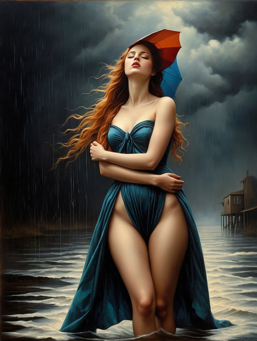 Moody Scene of Woman in Water with Umbrella