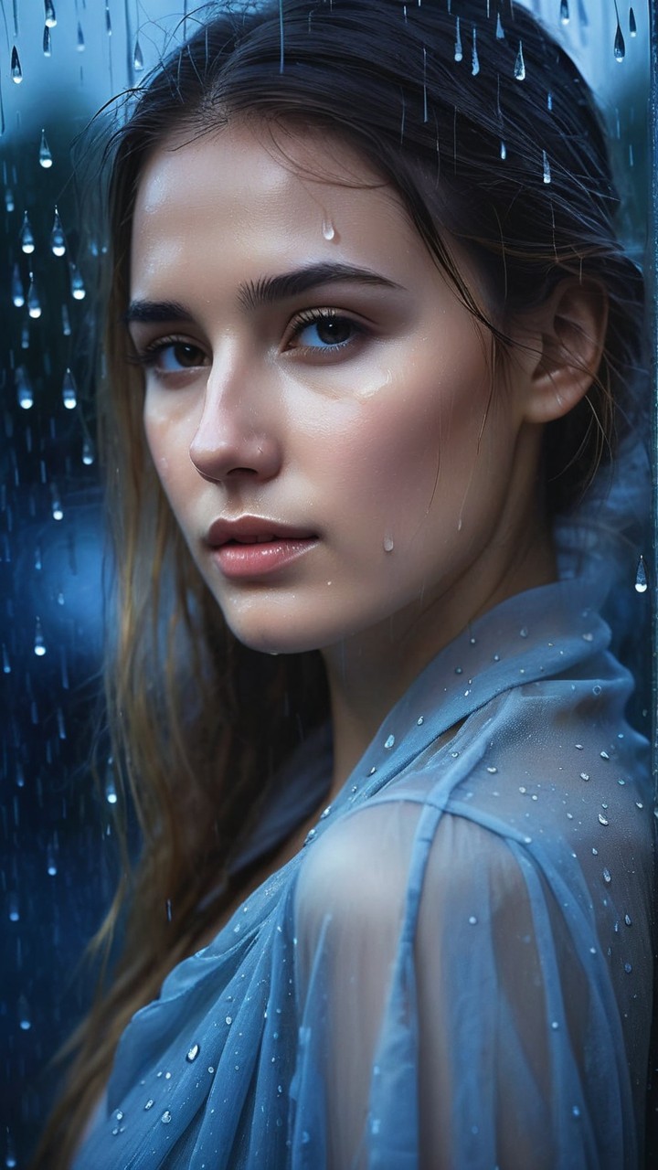 Close-Up Portrait of Young Woman in Rainy Backdrop