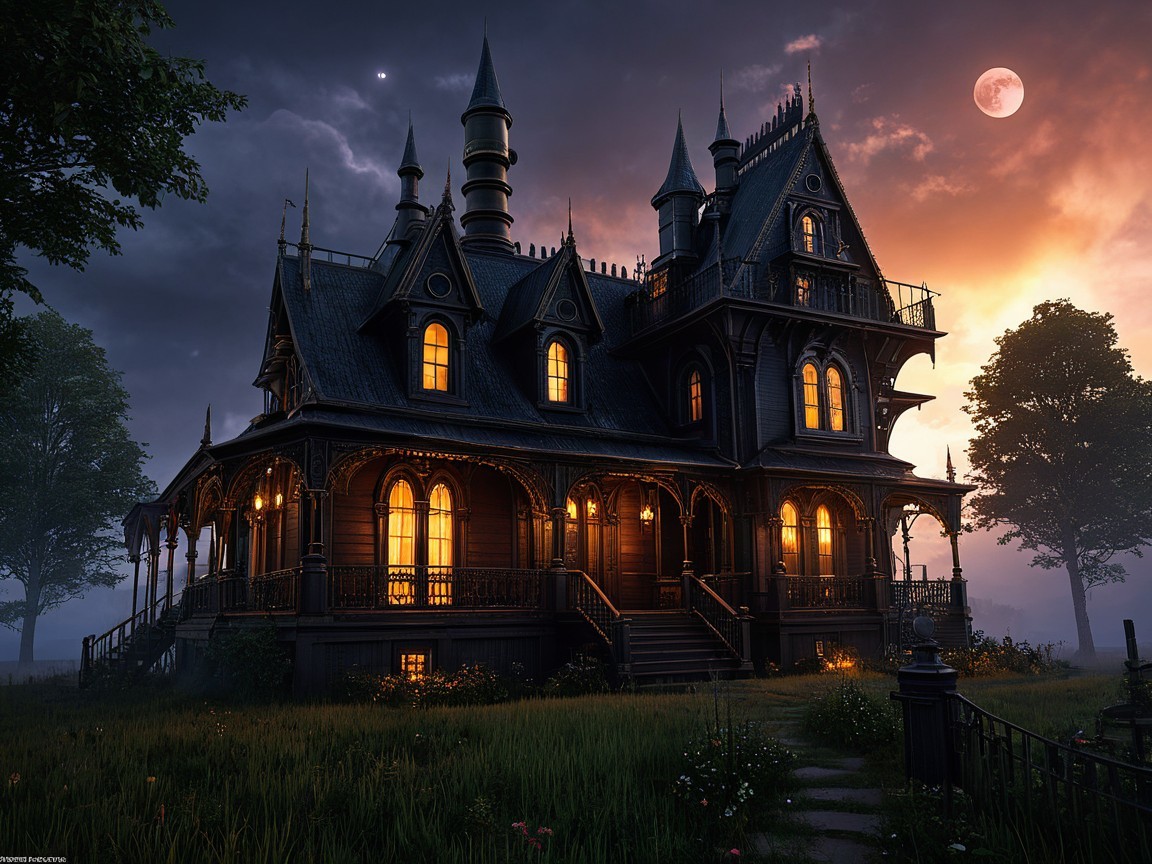 Victorian Mansion at Dusk with Lush Surroundings