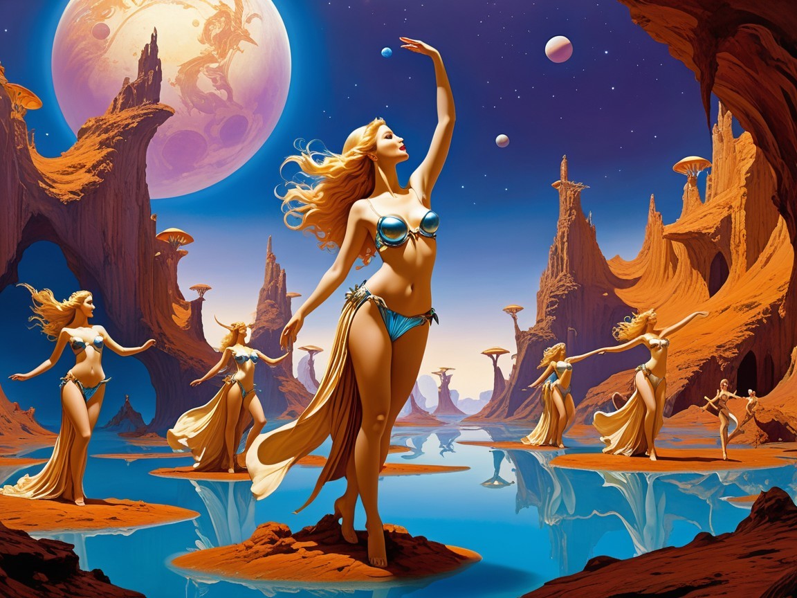 Ethereal Women Dancing in Surreal Alien Landscape