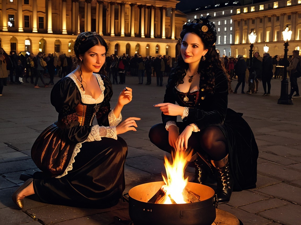Women in Historical Costumes by Campfire at Night