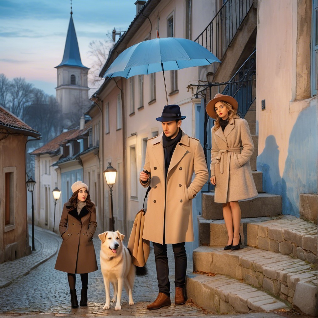 Twilight Scene with Elegantly Dressed Individuals and Dog
