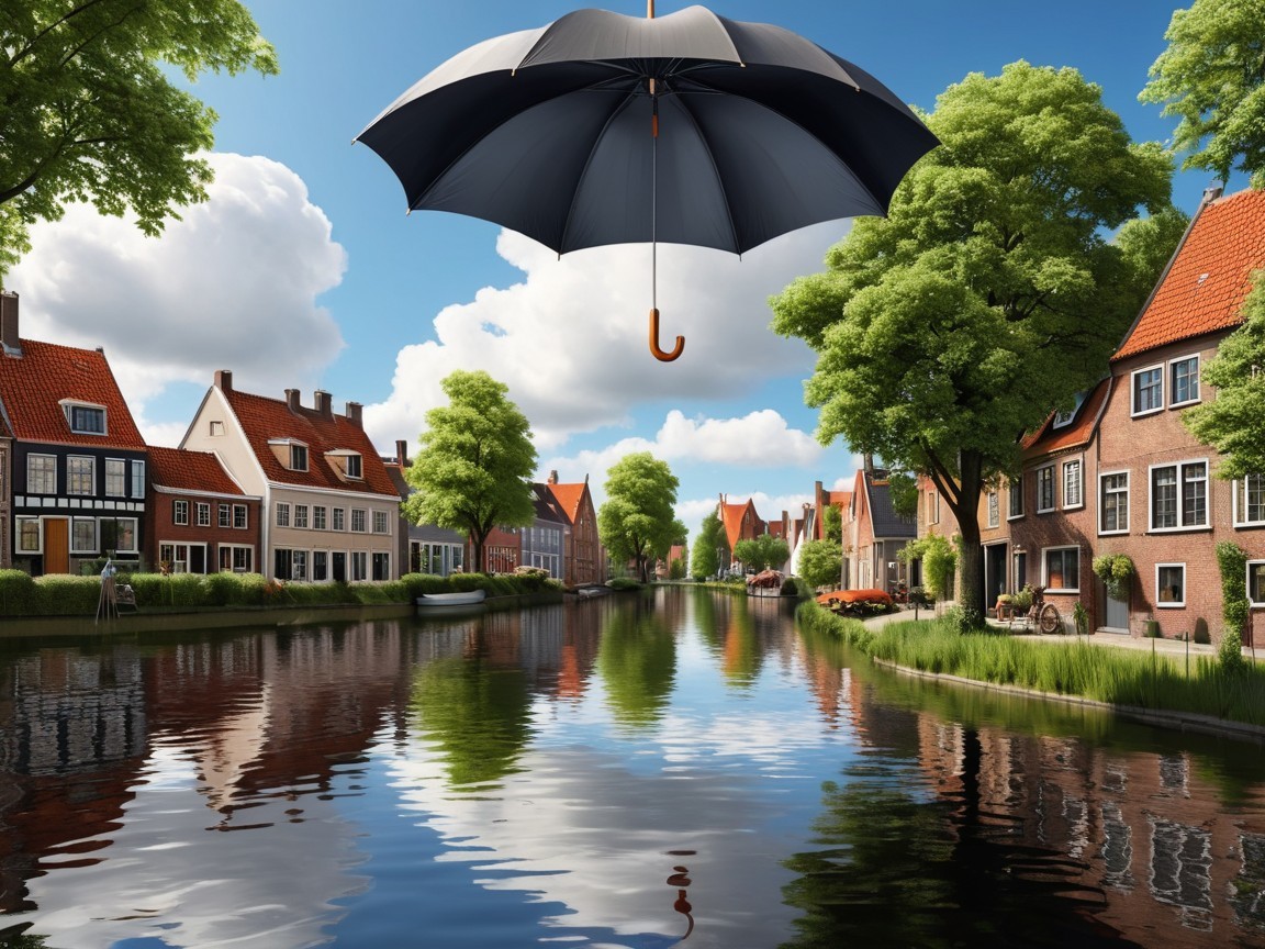 Tranquil Canal Scene with Charming Houses and Umbrella