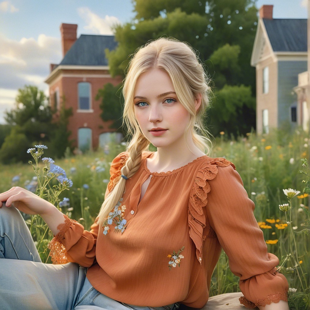 Young Woman in Floral Field with Vintage Countryside