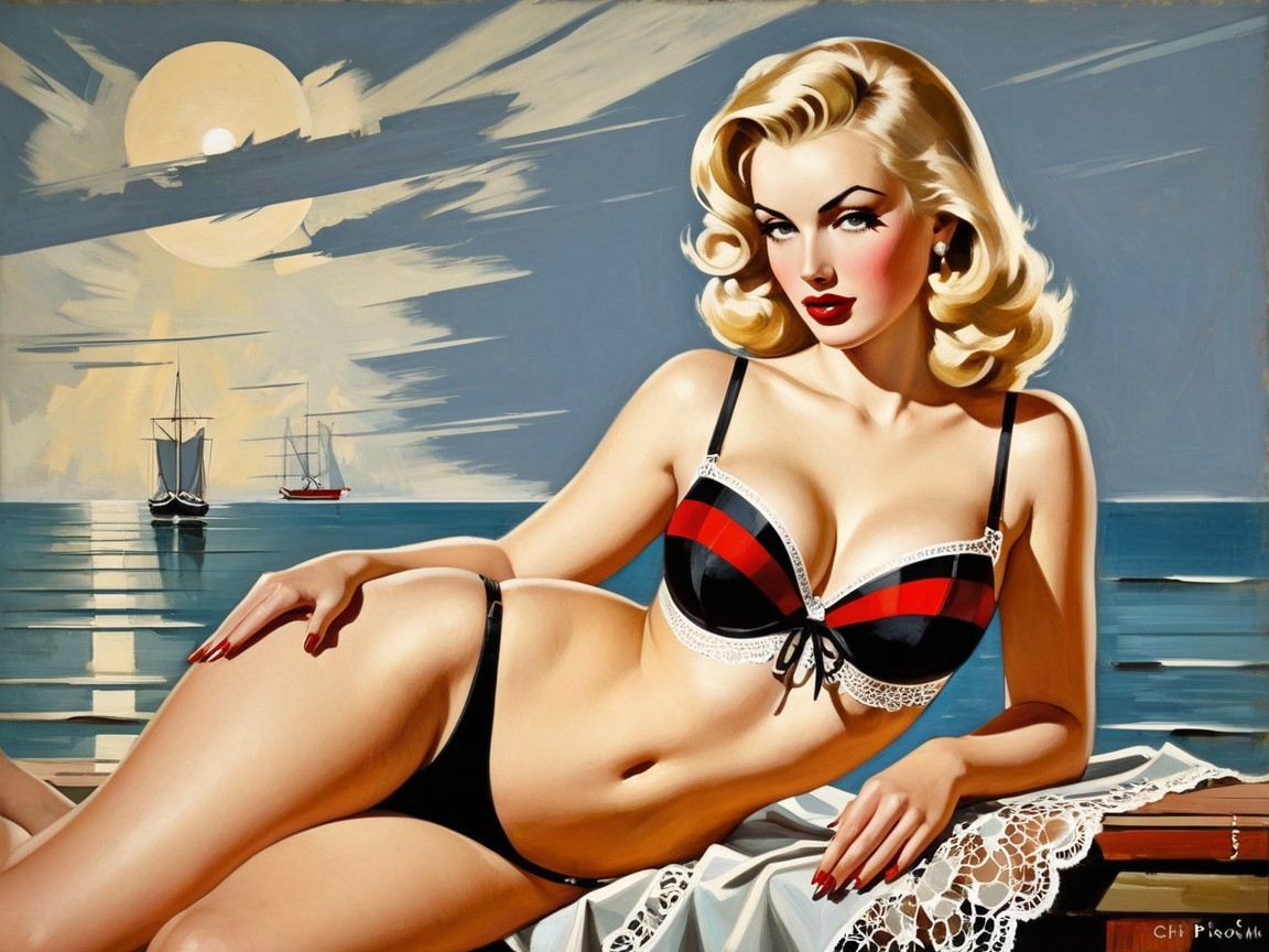 Glamorous Pin-Up Girl by Moonlit Sea in Bikini