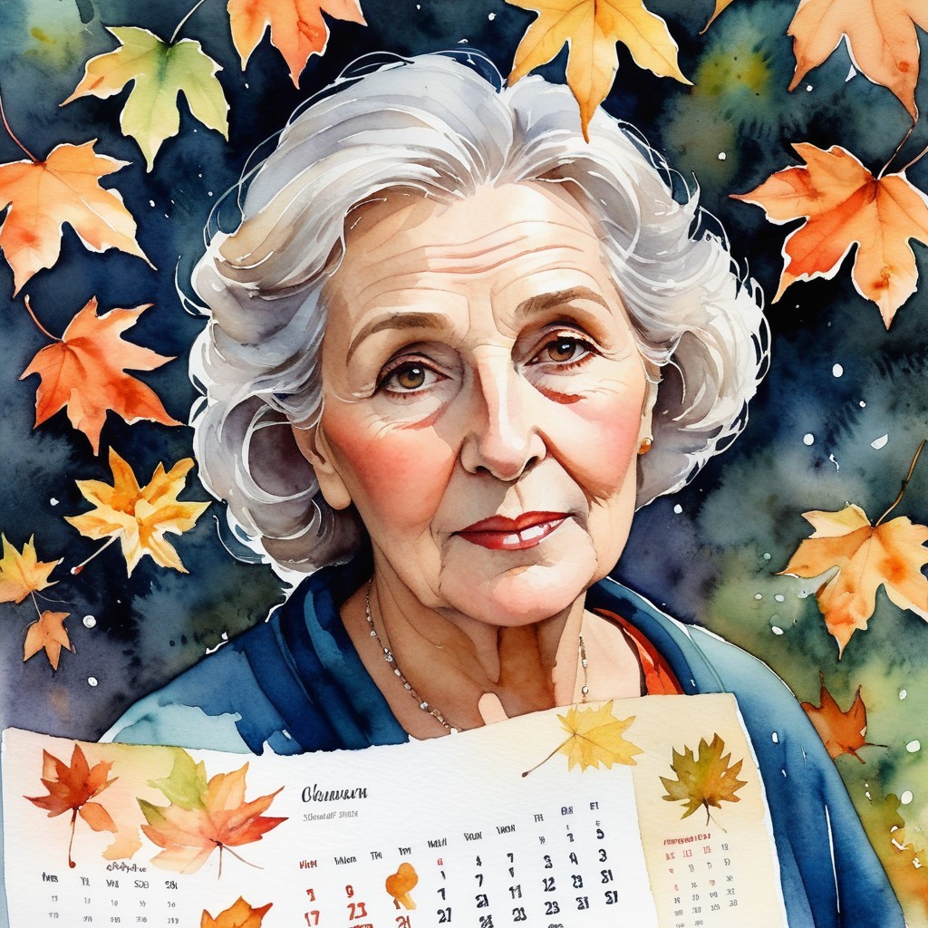 Elderly Woman Surrounded by Autumn Leaves and Calendar